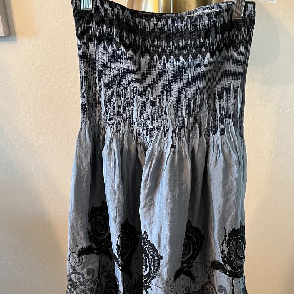 Lapis Rouched Floral Mid Length Strapless Dress